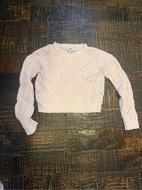 Coquette Cable Knit Soft Chenille Cropped Crew Sweater Pale Pink Faux Pearls